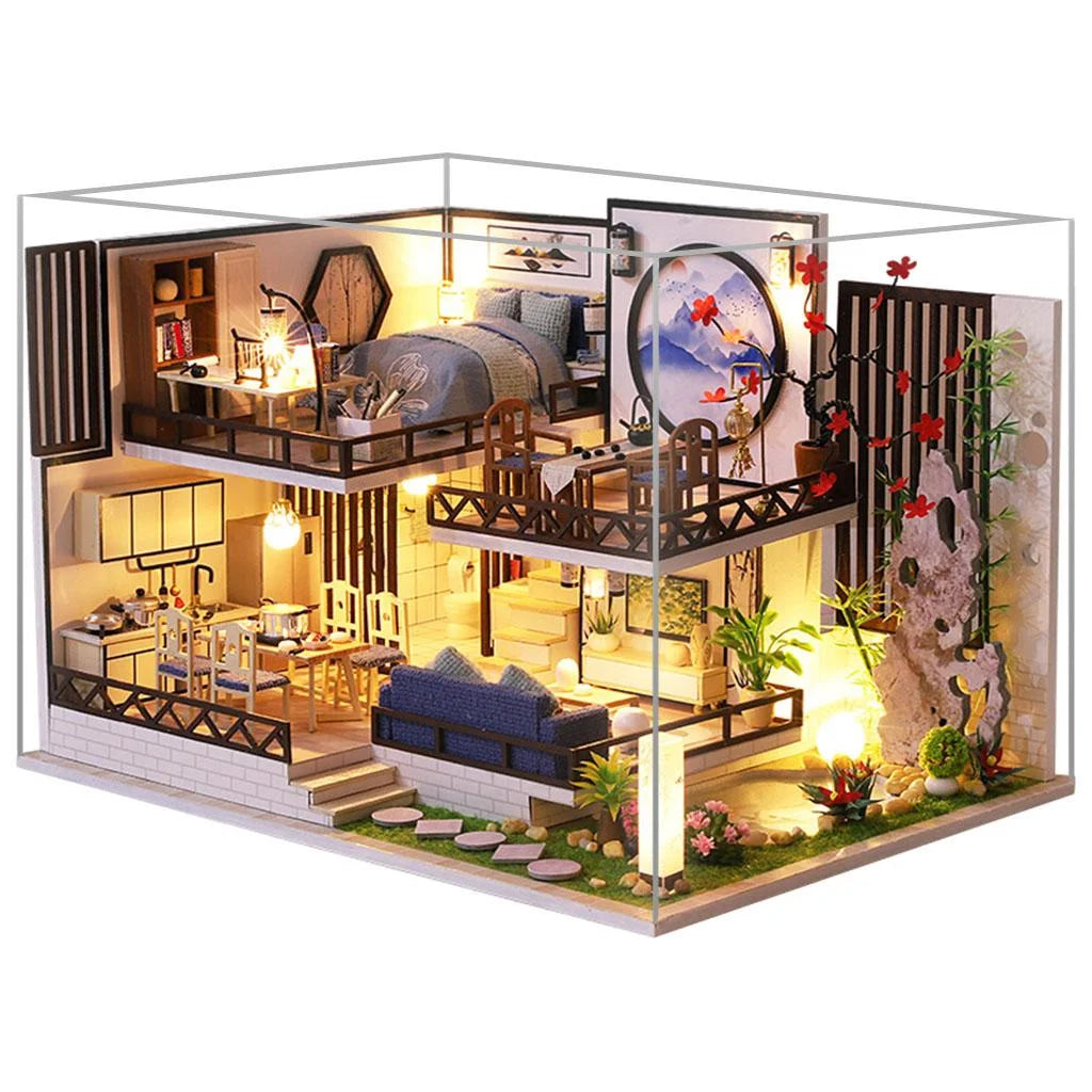 Miniature Wood Dollhouse with Furniture and Dustproof Cover O6599