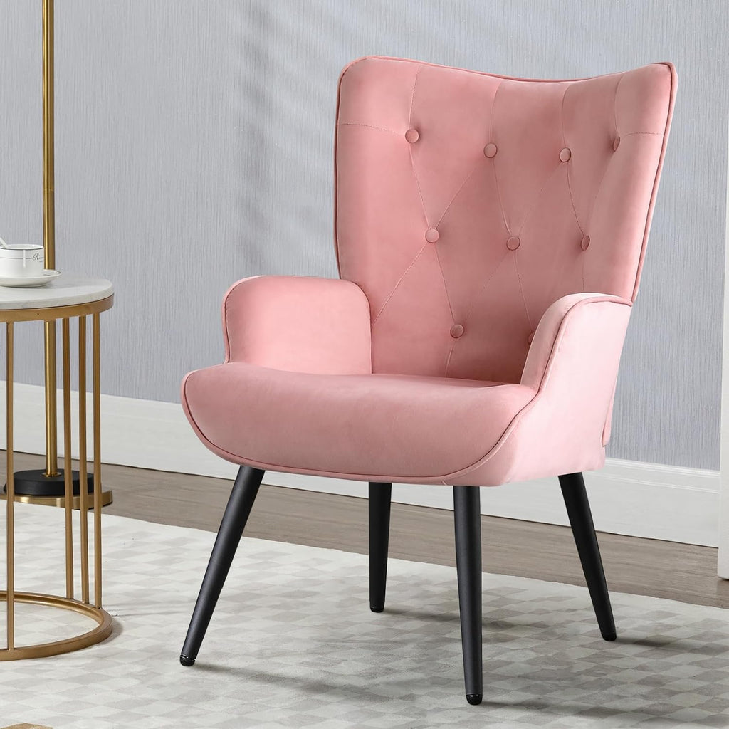 Pink Velvet Tufted Wingback Accent Chair with Solid Metal Legs J60723