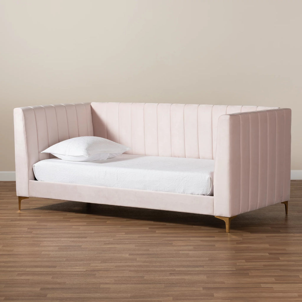 Light Pink Velvet Upholstered Gold Finished Twin Daybed Z17436
