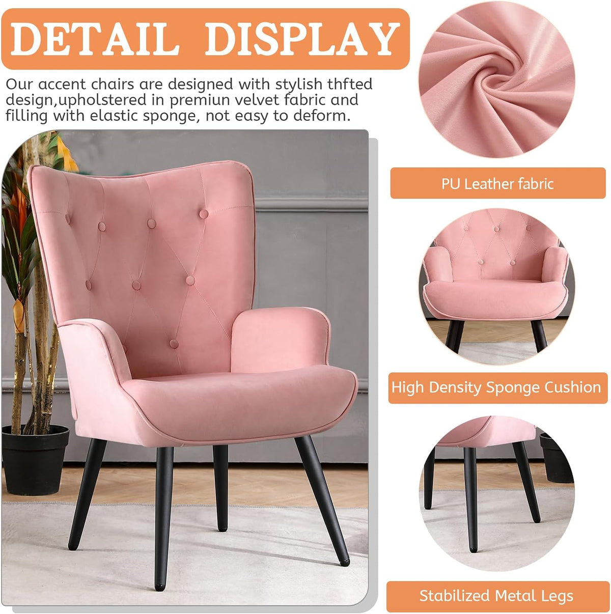 Pink Velvet Tufted Wingback Accent Chair with Solid Metal Legs J60723