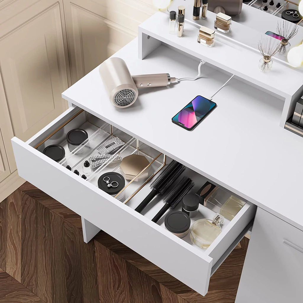 White Vanity Desk with Charging Station and Drawer C3241