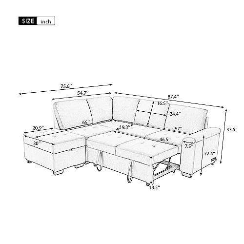 Navy Blue L Shaped Sofa Bed with Pillows and USB Ports J926448