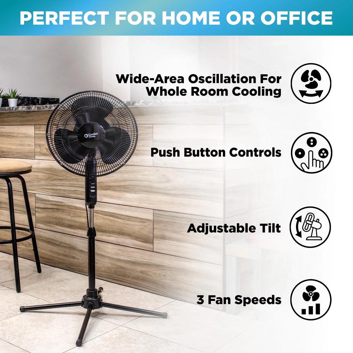 16” Oscillating Pedestal Fan, 3-speed, Adjustable Height and Tilt, Black N2598