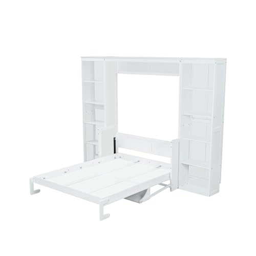 White Queen Size Murphy Wall Bed with Desk & Bookcase X2885