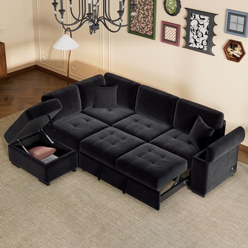 Navy Blue L Shaped Sofa Bed with Pillows and USB Ports J926448