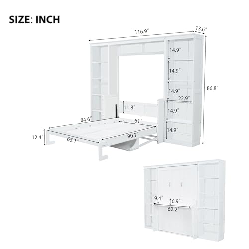White Queen Size Murphy Wall Bed with Desk & Bookcase X2885