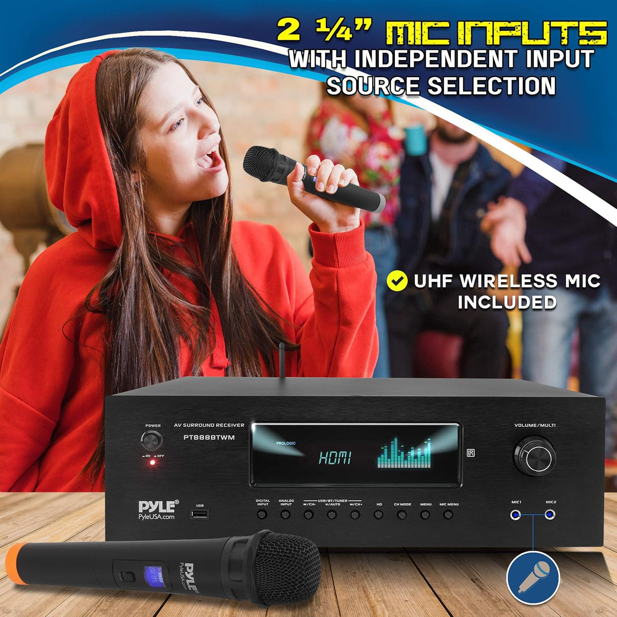 1000W Bluetooth Stereo Amplifier with 2 UHF Wireless Microphone K375