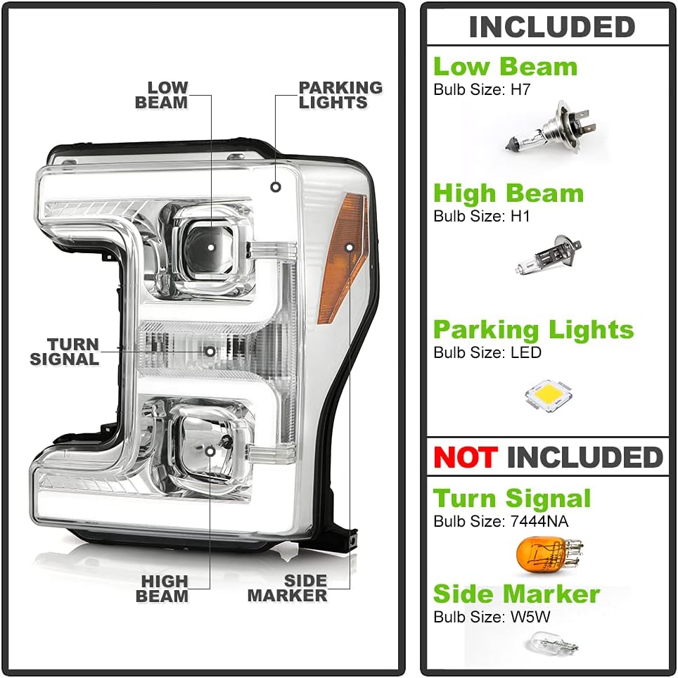 Chrome Dual LED Tube Projector Headlights Set Left+Right F77146