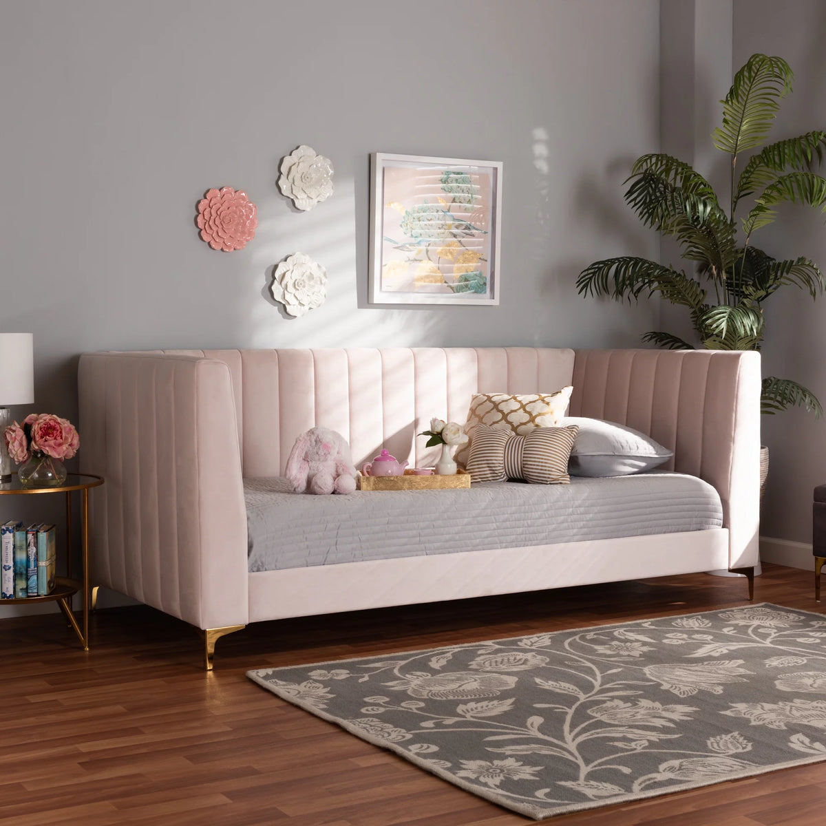 Light Pink Velvet Upholstered Gold Finished Twin Daybed Z17436