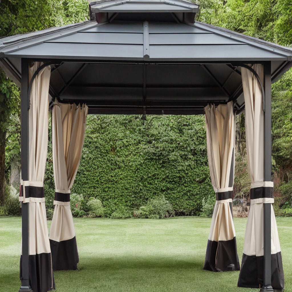 10x12ft Galvanized Steel Hard Top Outdoor Gazebo with Netting and Curtains B2703