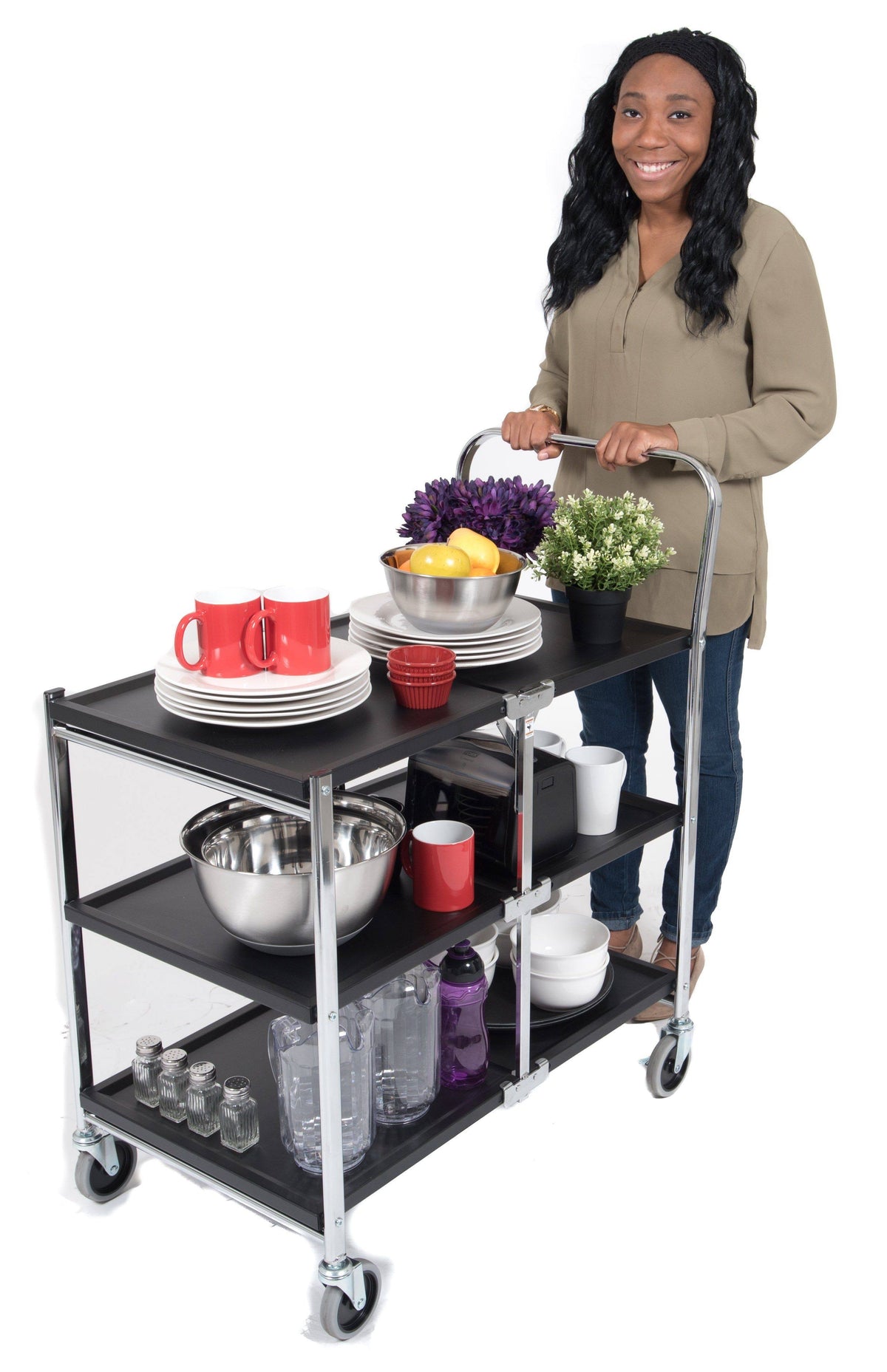 Black 3 Shelf Collapsible Metal Utility Cart Z428153