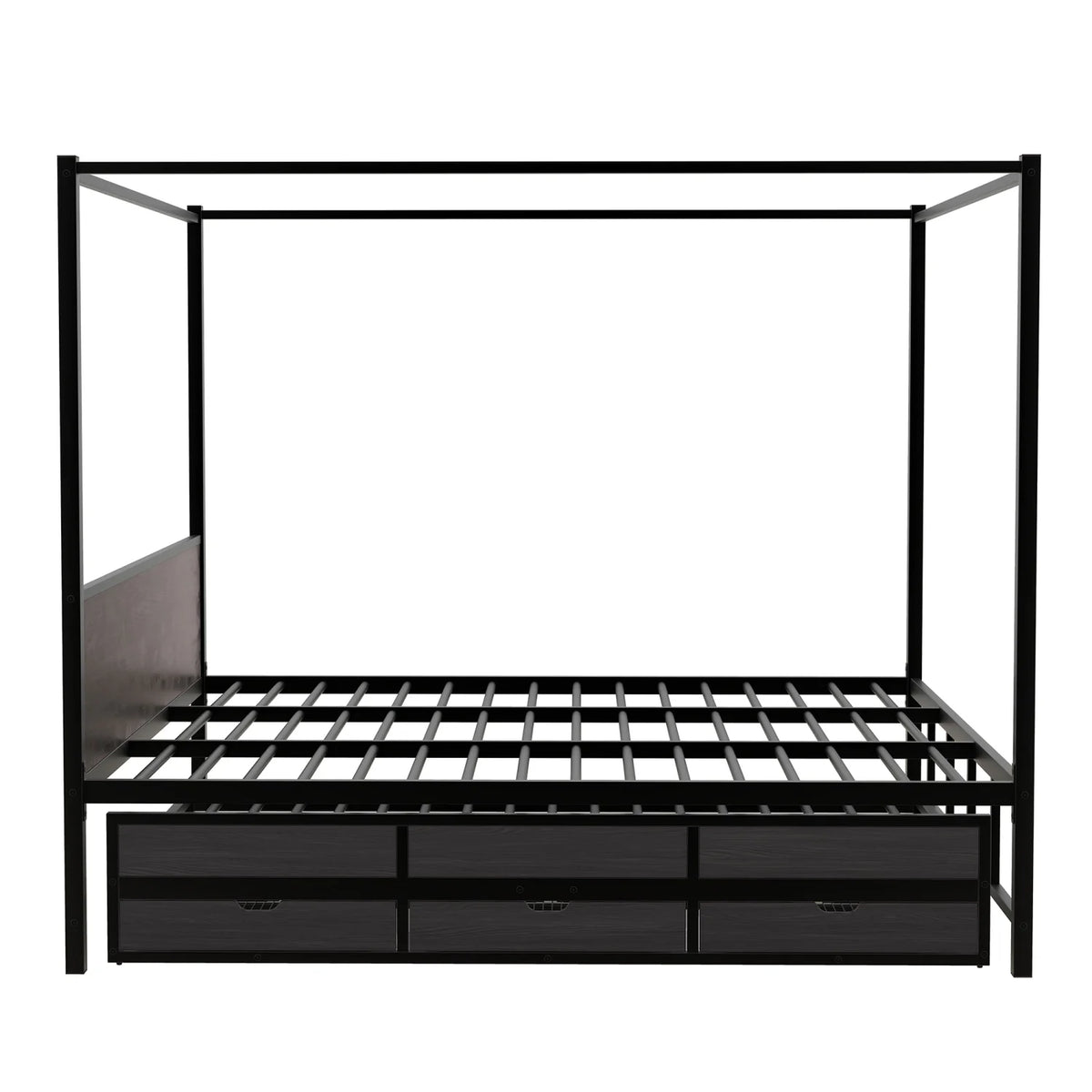 Queen Size Black Metal Canopy Platform Bed with Trundle and 3 Storage Drawers B165