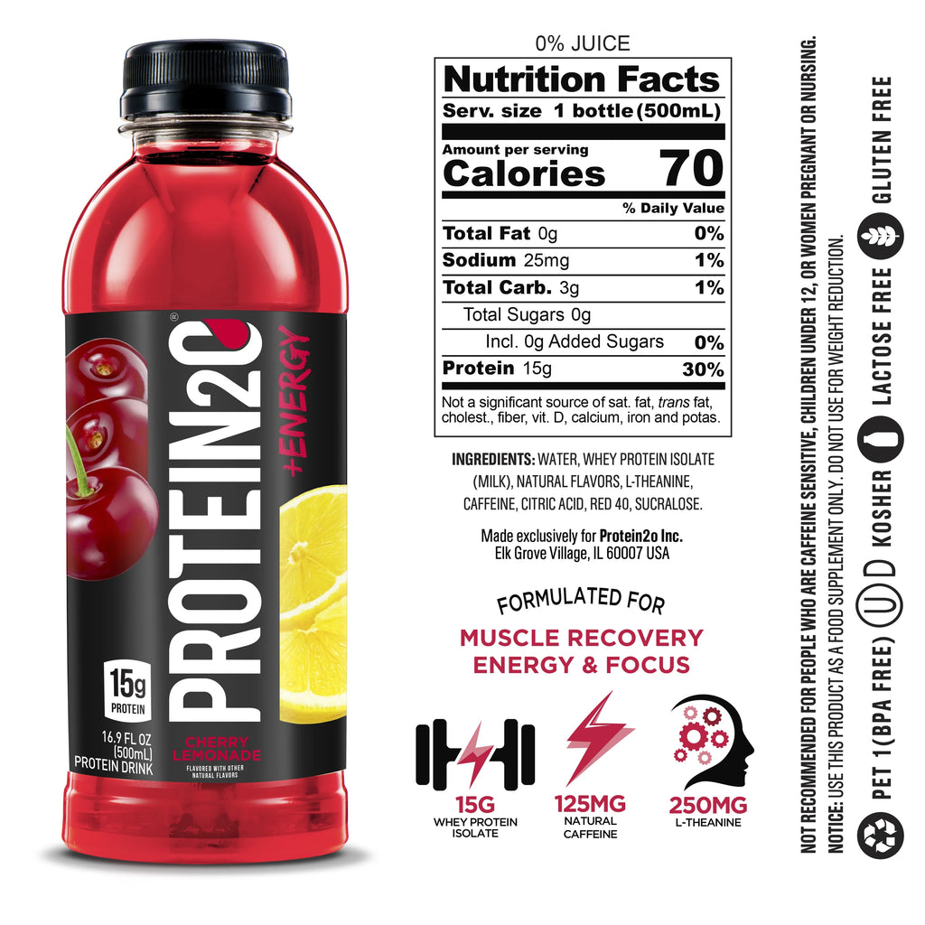 15g Whey Protein Infused Water Plus Energy, Cherry Lemonade, 16.9 fl oz Bottle (12-Pack) S757