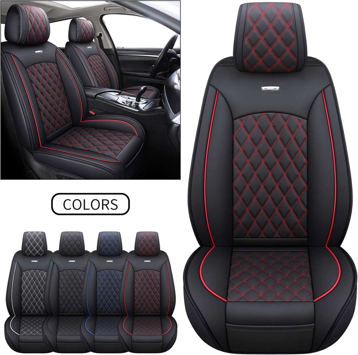 Waterproof Leather Car Seat Covers Full Set Black-Blue W48871