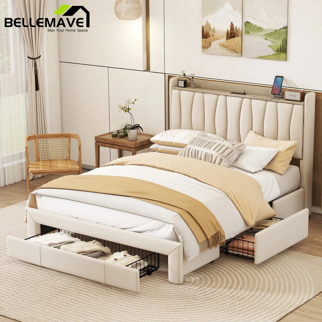 Queen Size Upholstered Platform Bed Frame with 3 Drawers G7359