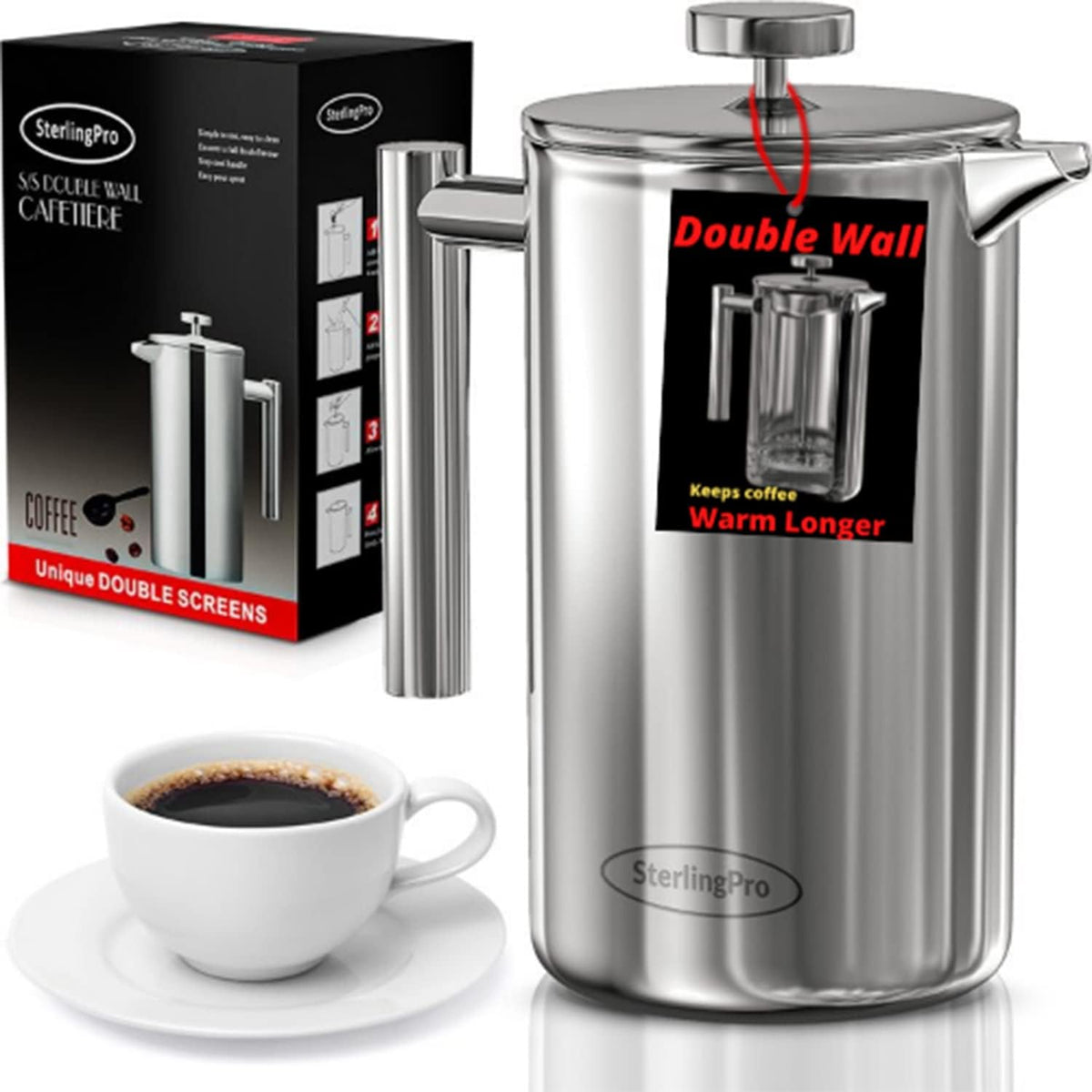Stainless Steel French Press Coffee Maker 1.75L Pack of 2 X7160