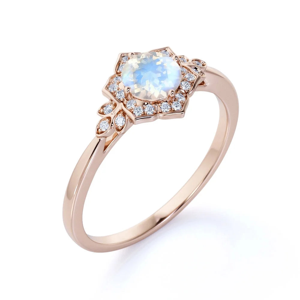 18k Rose Gold over Silver Blue Moonstone and Moissanite Engagement Ring T39799