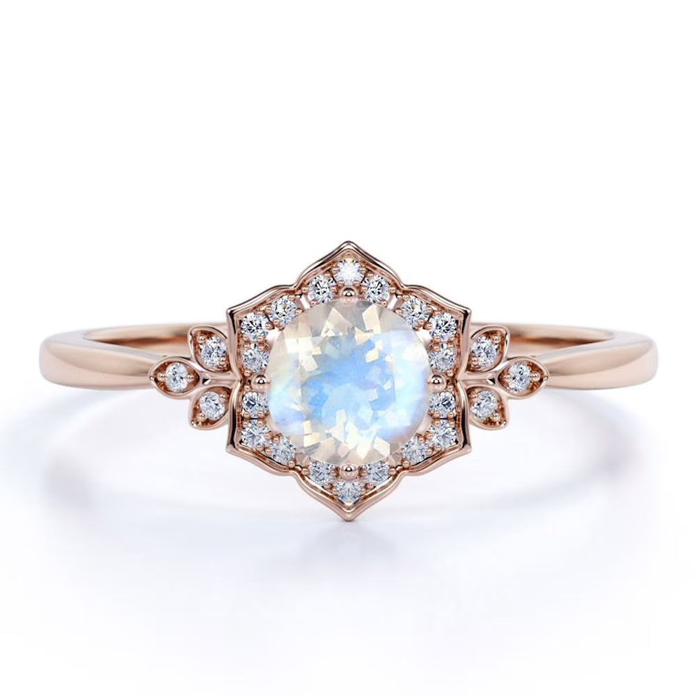 18k Rose Gold over Silver Blue Moonstone and Moissanite Engagement Ring T39799