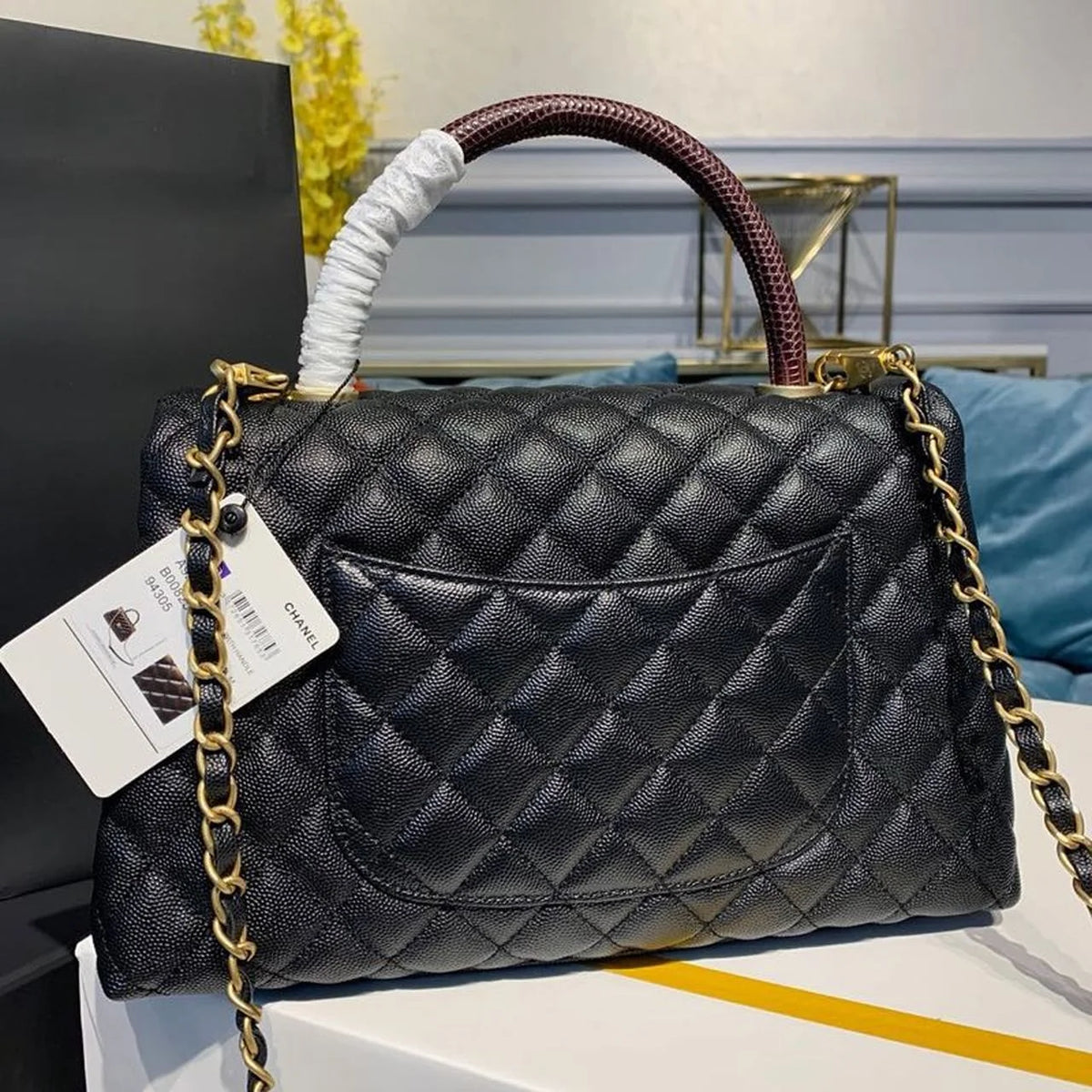 Black Large Flap Bag With Top Handle D1484
