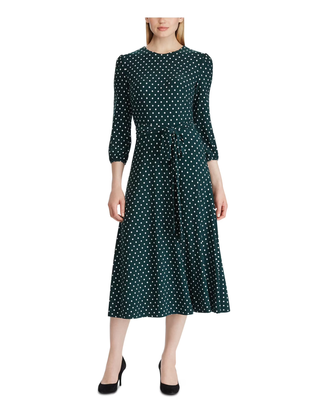 Green Long Sleeve Knee Length Faux Wrap Dress Z6228