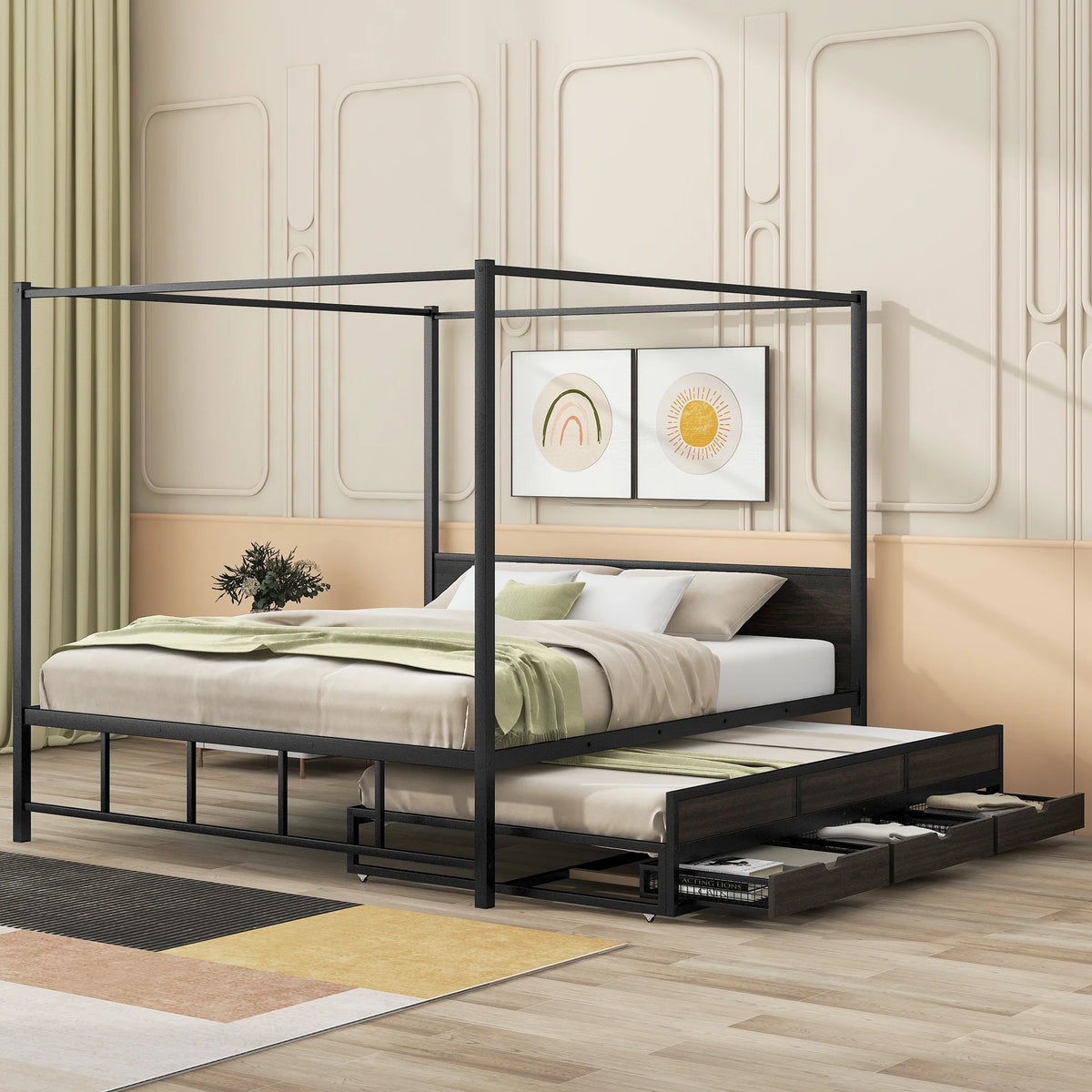 Queen Size Black Metal Canopy Platform Bed with Trundle and 3 Storage Drawers B165