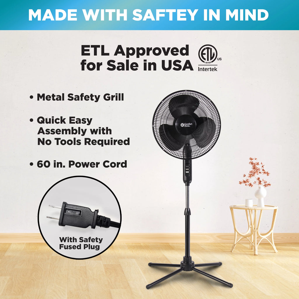 16” Oscillating Pedestal Fan, 3-speed, Adjustable Height and Tilt, Black N2598