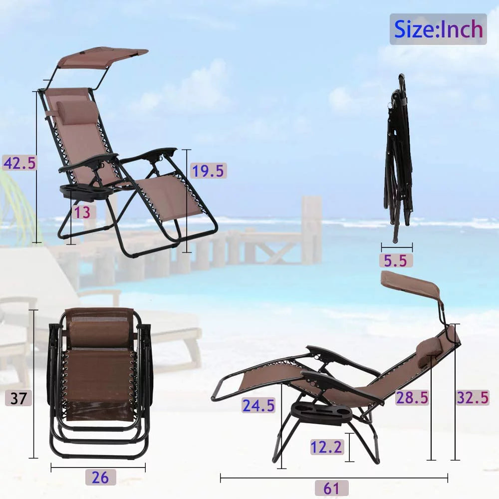 Zero Gravity Chair Set of 2 Folding Recliner with Canopy and Cup Holder Brown P69661