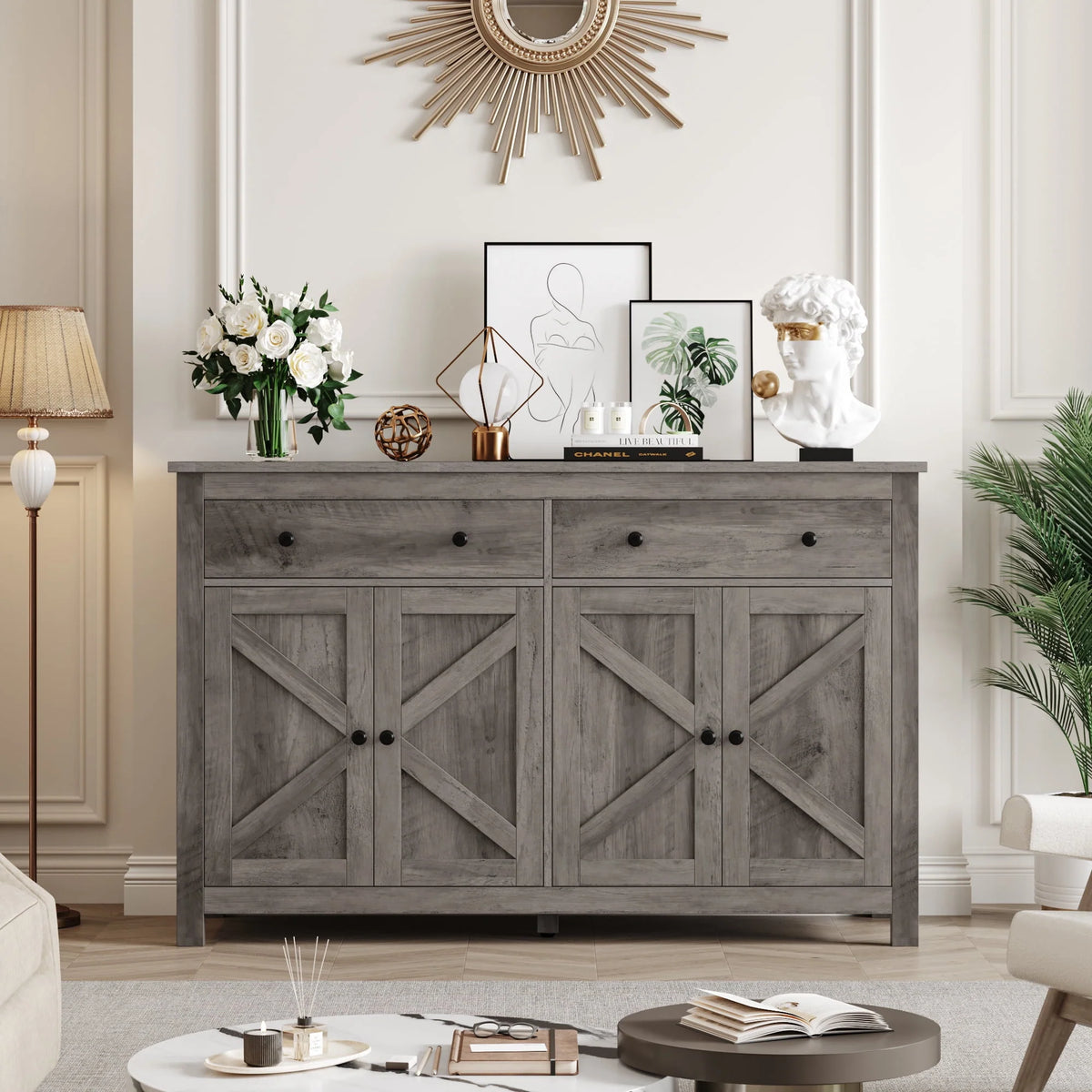 Brown 4-Door 2-Drawer Wood Buffet Cabinet G979