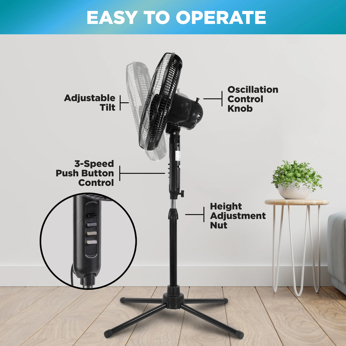16” Oscillating Pedestal Fan, 3-speed, Adjustable Height and Tilt, Black N2598
