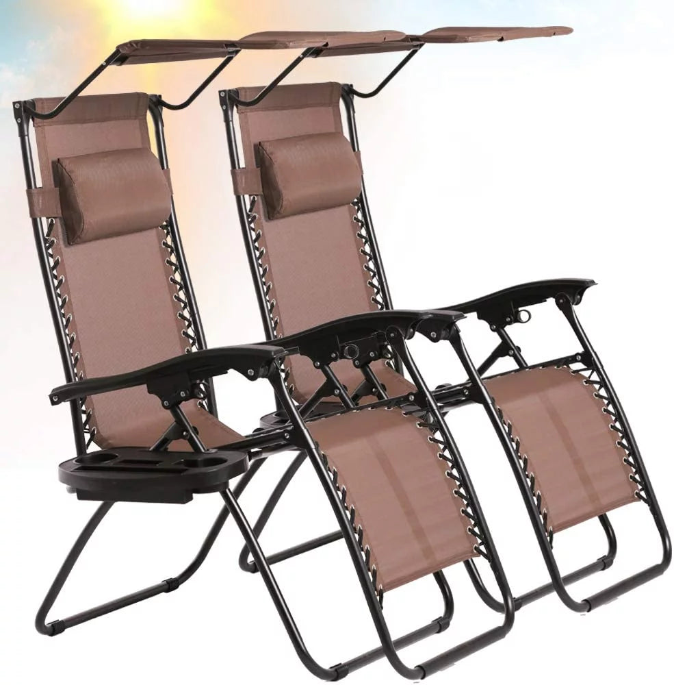 Zero Gravity Chair Set of 2 Folding Recliner with Canopy and Cup Holder Brown P69661