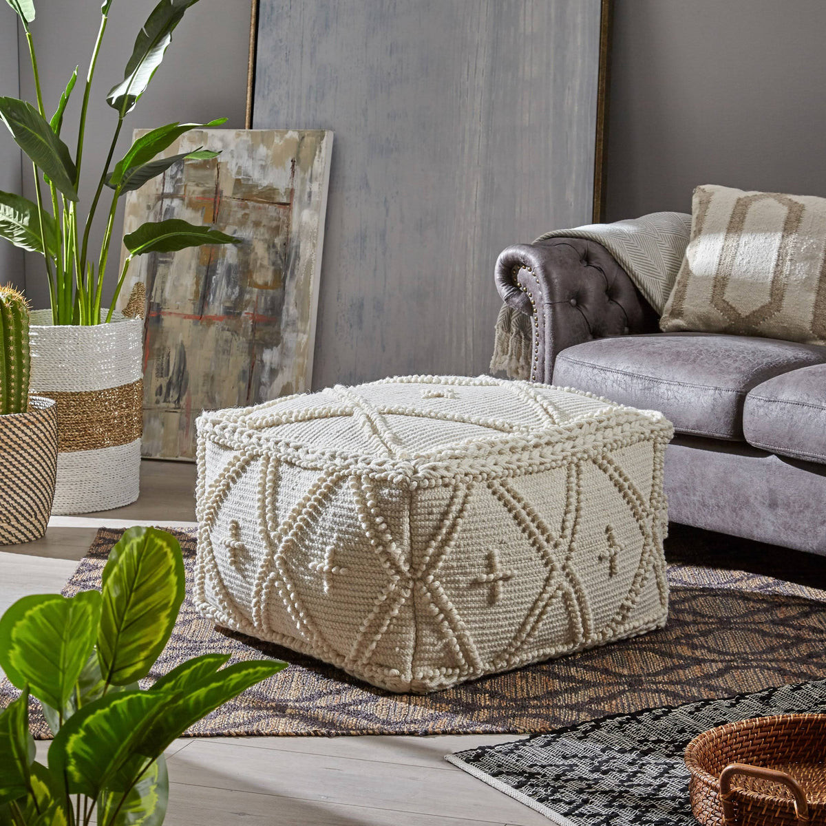 White Wool Cotton Square Pouf S155788