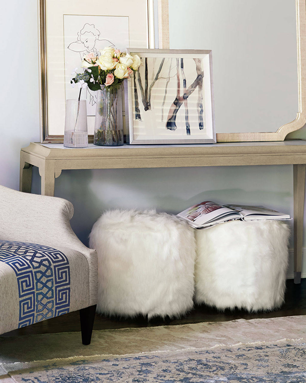 Ivory Faux Fur Ottoman M5228