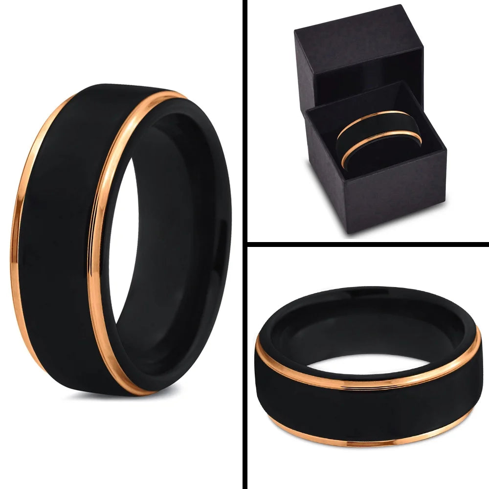 Tungsten Wedding Band Ring 8mm Black 18K Yellow Gold Plated Stepped Edge Polished Size 5.5 Y641167