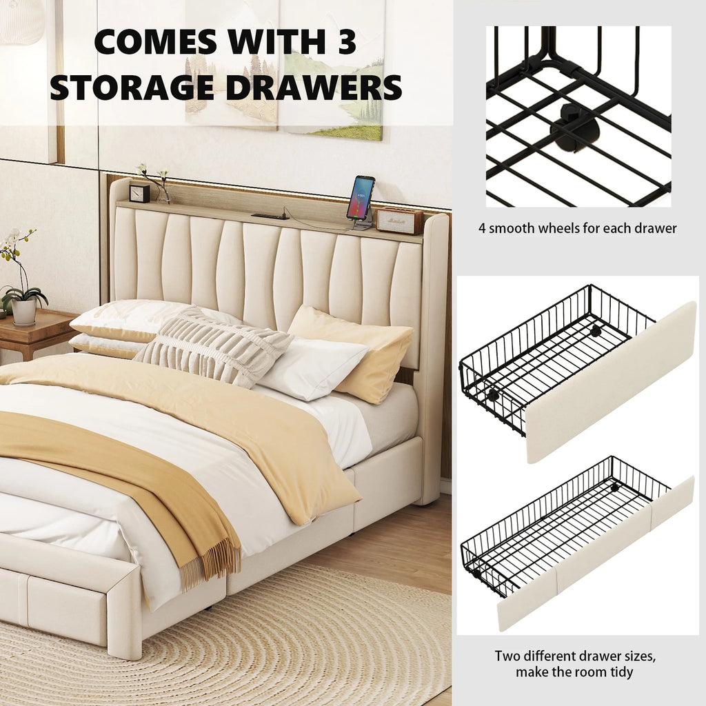 Queen Size Upholstered Platform Bed Frame with 3 Drawers G7359