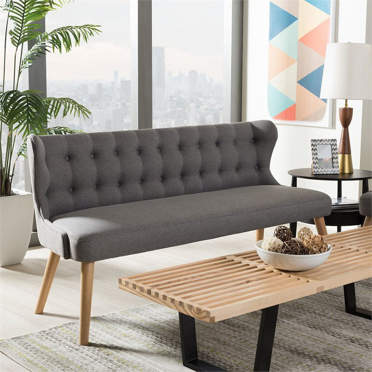 Tufted Wingback Sofa in Gray and Light Brown Q234