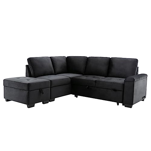 Navy Blue L Shaped Sofa Bed with Pillows and USB Ports J926448