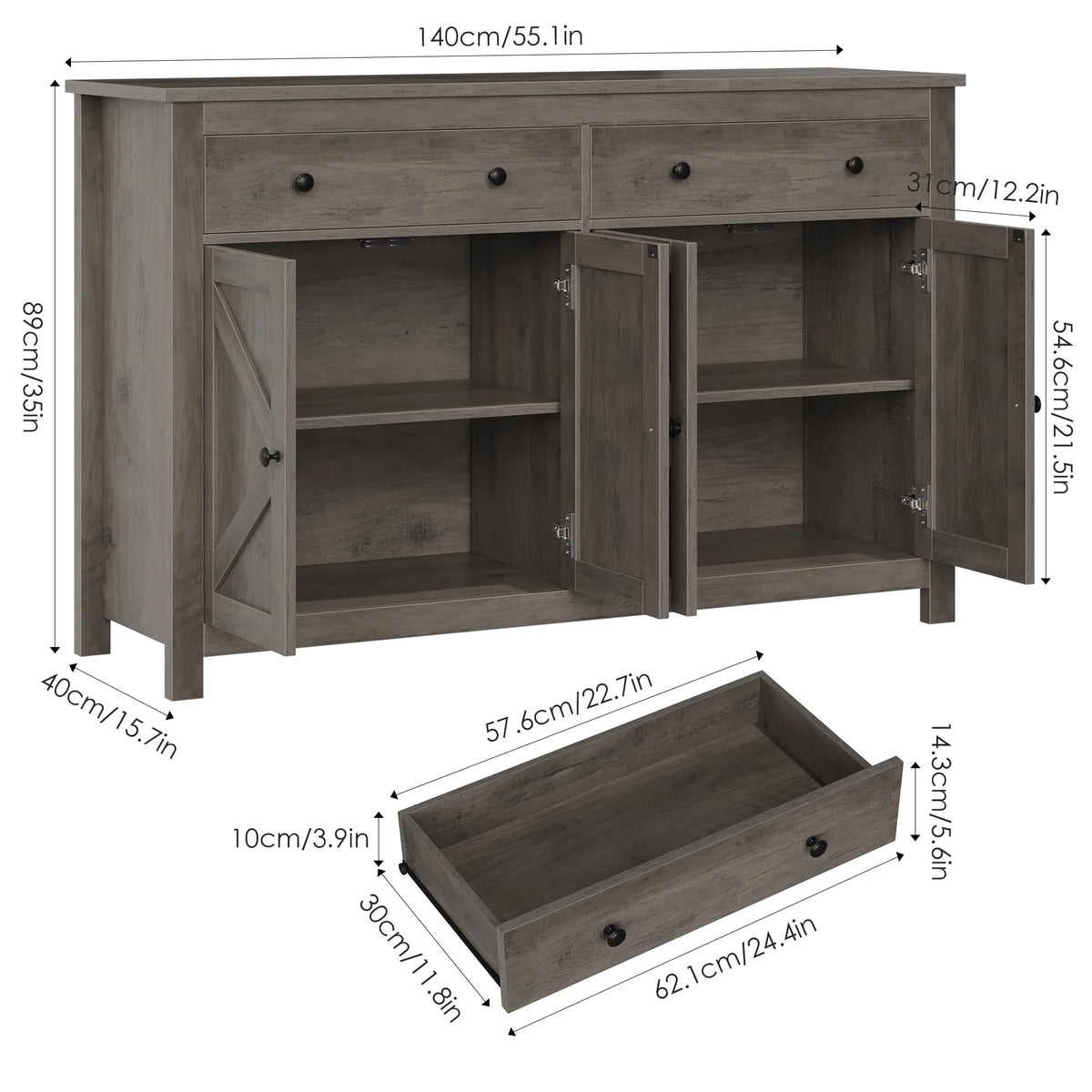 Brown 4-Door 2-Drawer Wood Buffet Cabinet G979