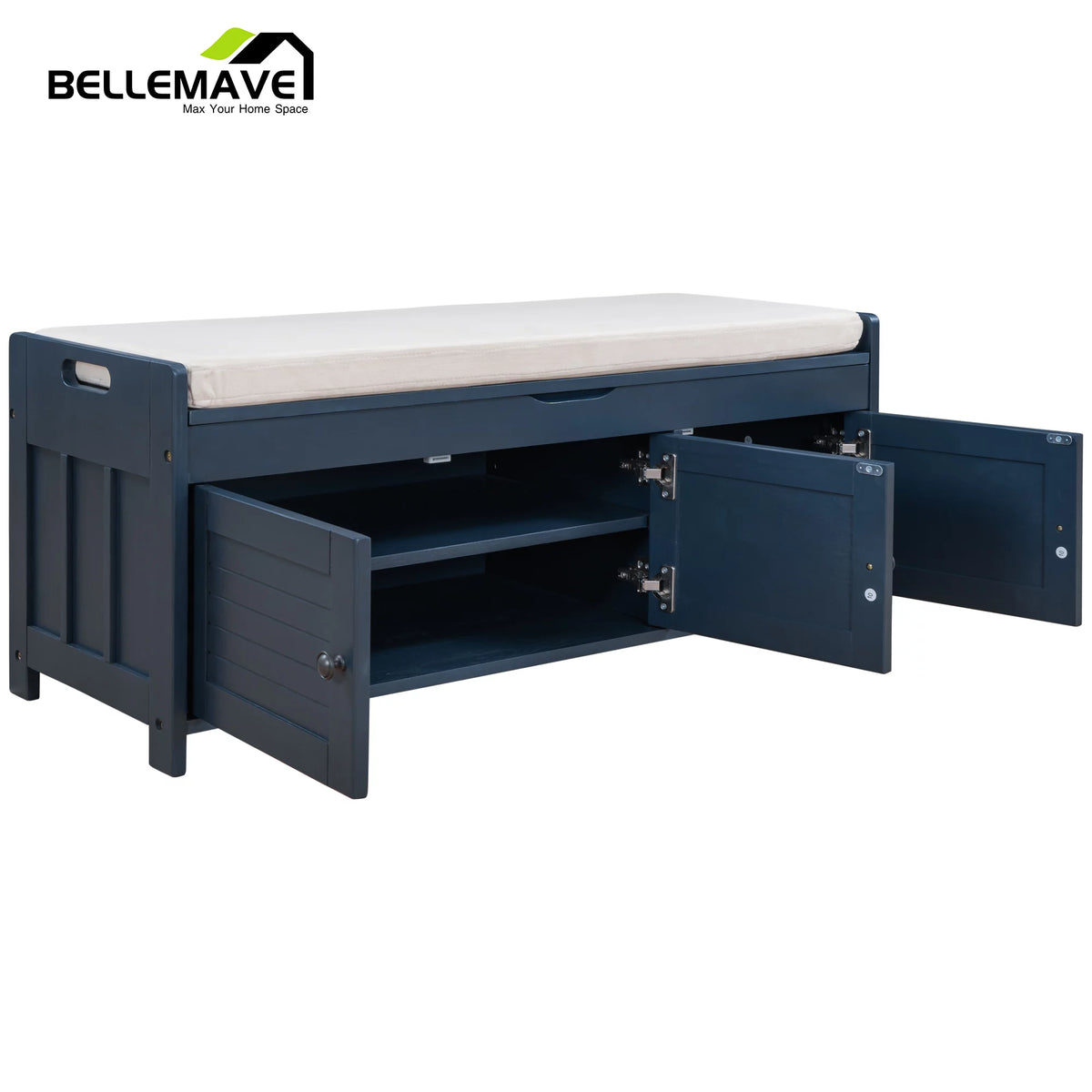 Navy Blue Wood Storage Bench with Removable Cushion and Shelves S594735