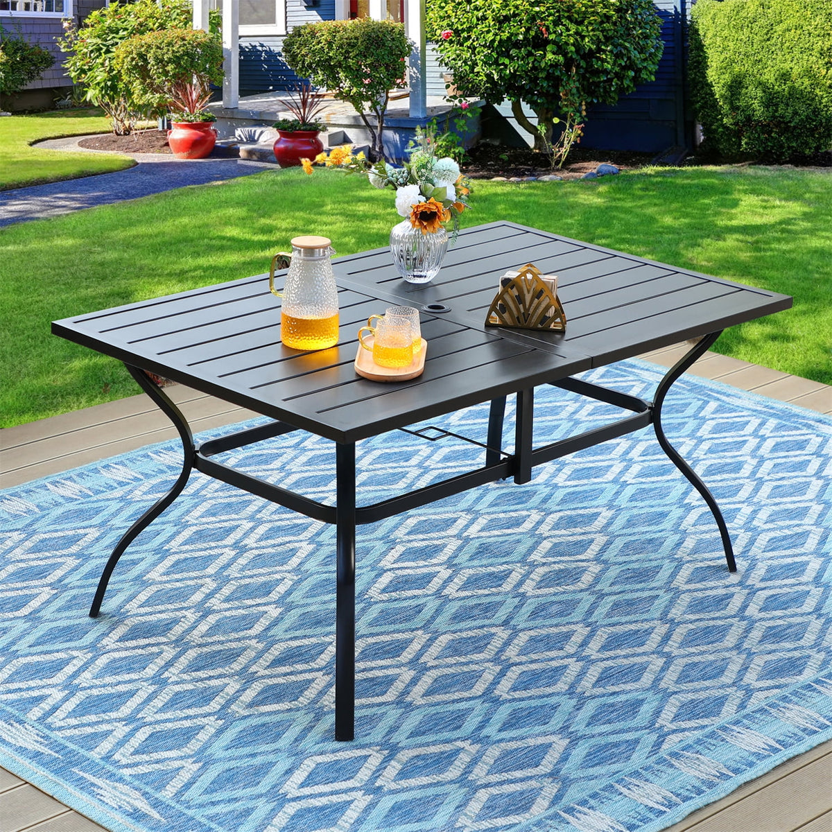 7-Piece Outdoor Patio Dining Set with Metal Table and 6 Rattan Cushioned Armchairs, Navy Blue A1345