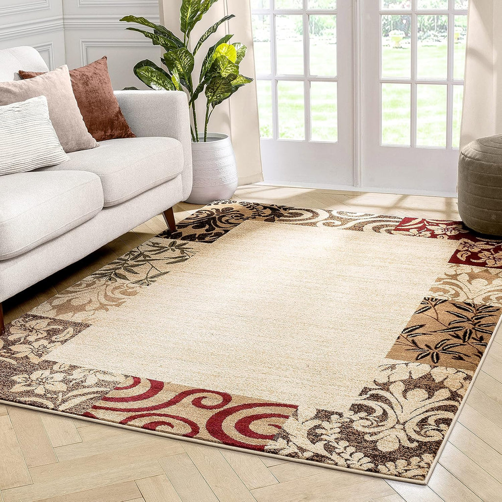 Beige Damask Border Rug 7x10 (6'7 x 9'6) S524018