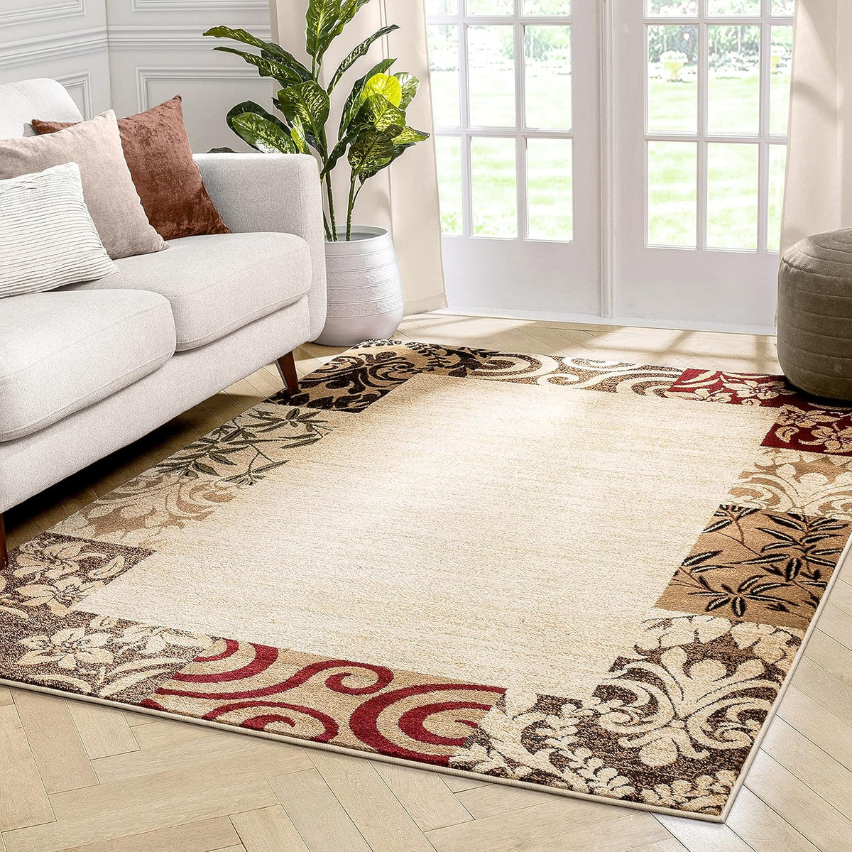 Beige Damask Border Rug 7x10 (6'7 x 9'6) S524018