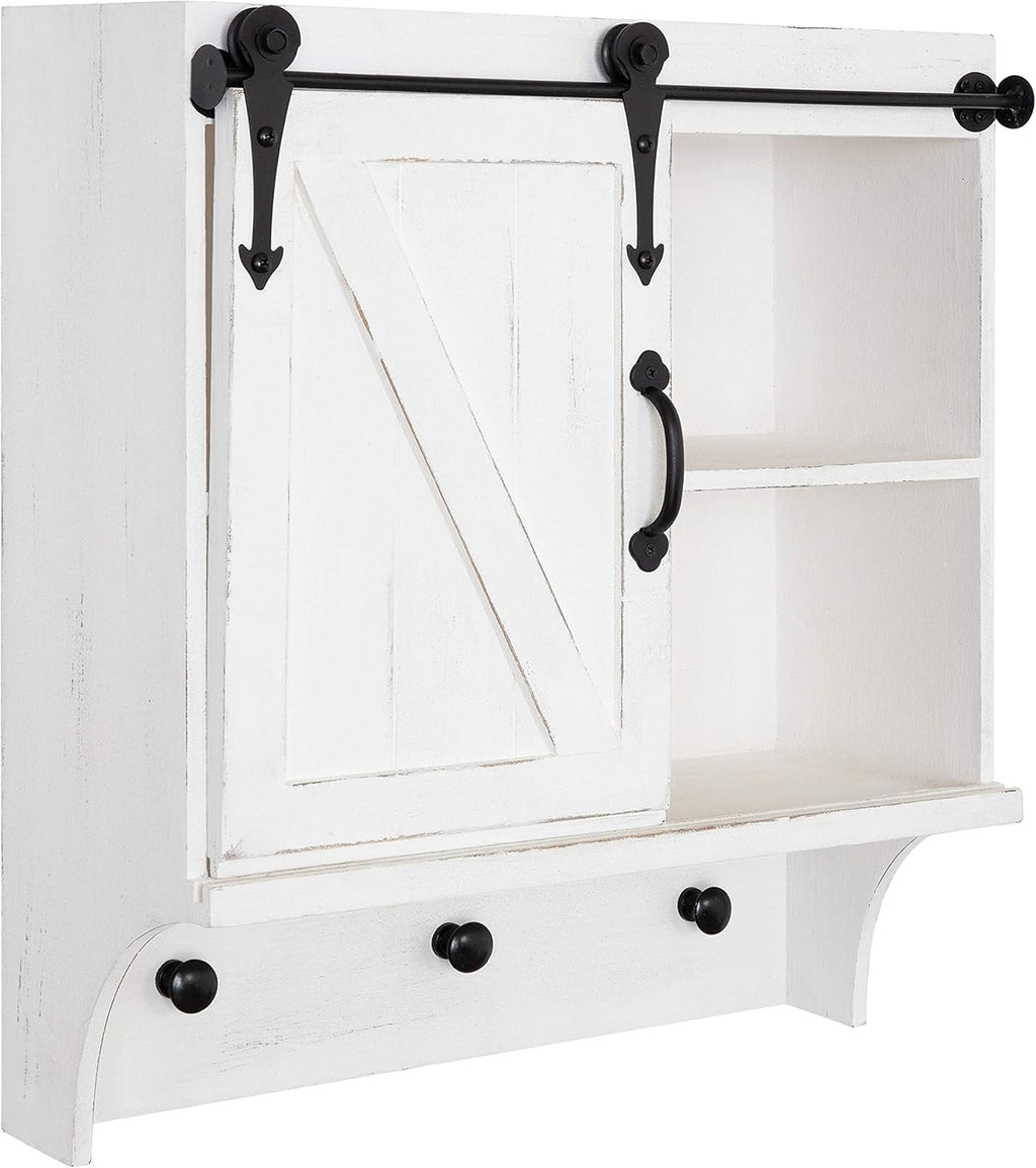 White Shabby-Chic Farmhouse Cabinet Wall Organizer with Sliding Barn Door and 3 Knobs T216