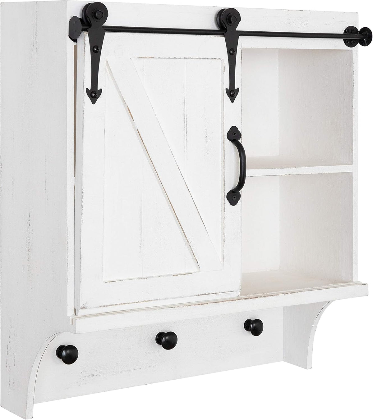 White Shabby-Chic Farmhouse Cabinet Wall Organizer with Sliding Barn Door and 3 Knobs T216
