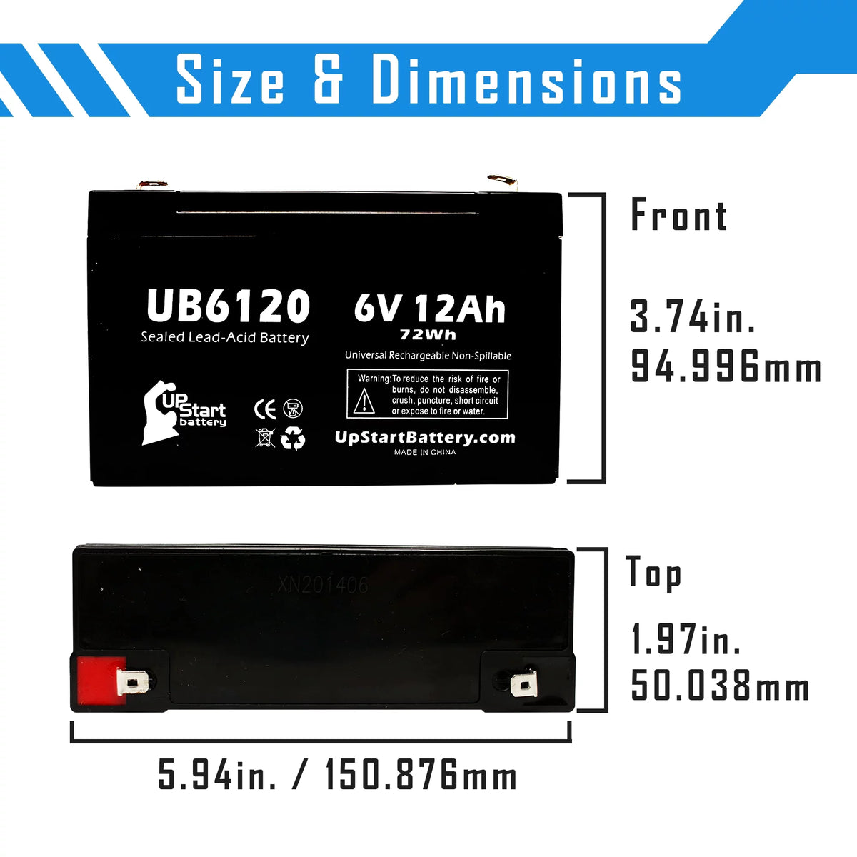 6V 12Ah Sealed Lead Acid Battery with F1 to F2 Terminal Adapters C296405