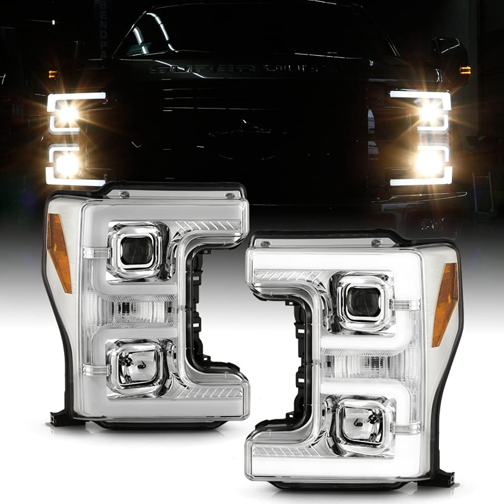 Chrome Dual LED Tube Projector Headlights Set Left+Right F77146