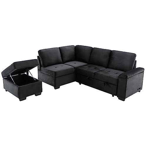 Navy Blue L Shaped Sofa Bed with Pillows and USB Ports J926448