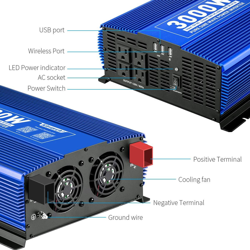 3000W Pure Sine Wave Power Inverter 12V DC to 110V AC Car Inverter with Bluetooth 4 AC Outlets 2 USB Ports G9431