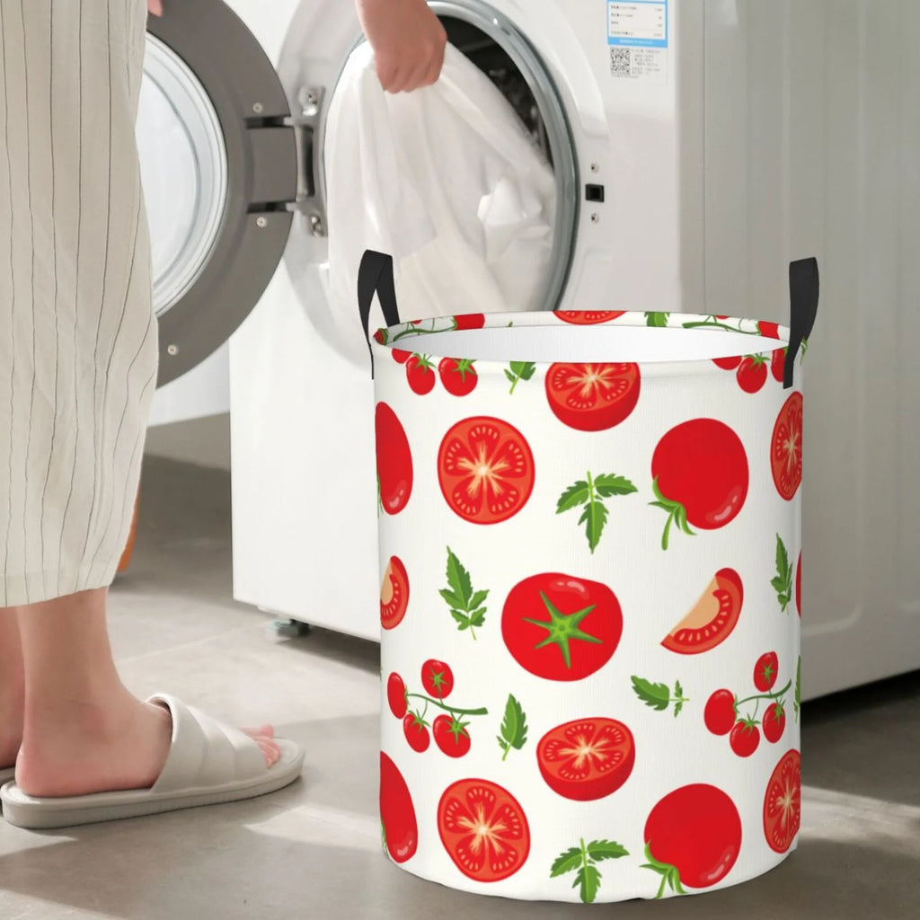Laundry Hamper With Handles Fresh Red Tomato Round Lightweight Storage Basket Y47531