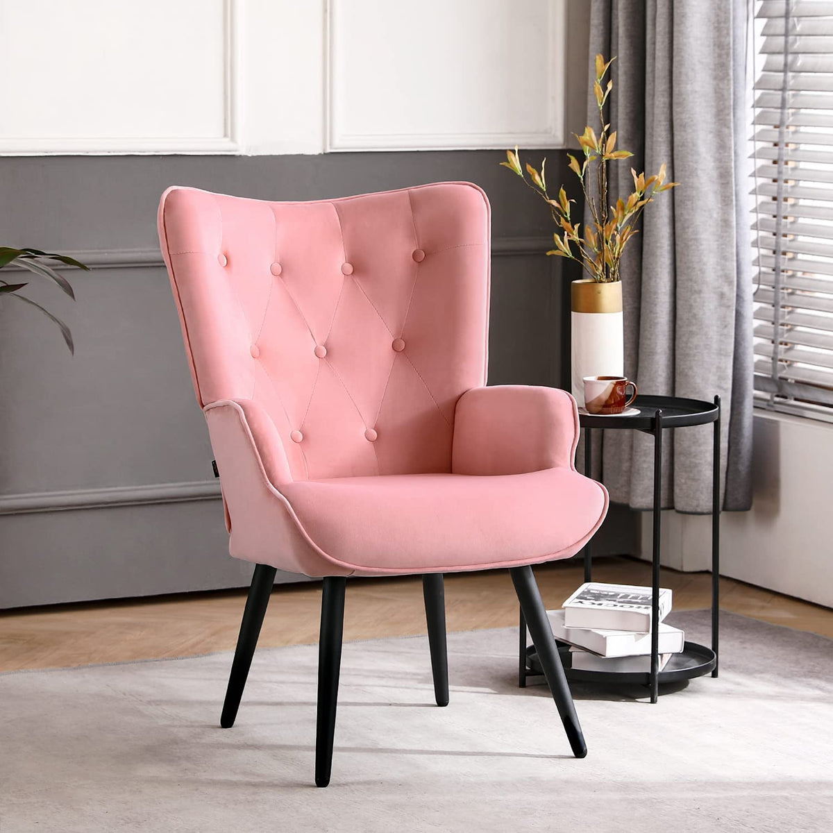 Pink Velvet Tufted Wingback Accent Chair with Solid Metal Legs J60723