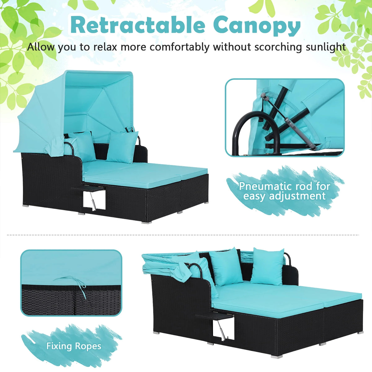 Red Rattan Daybed with Canopy and Side Tables S1204